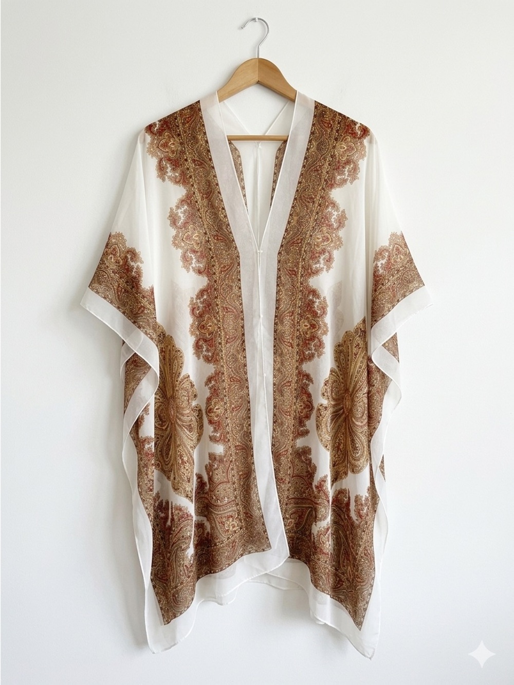 Elegant Sheer Paisley Kimono Cardigan Cover-Up with Pearl Accents